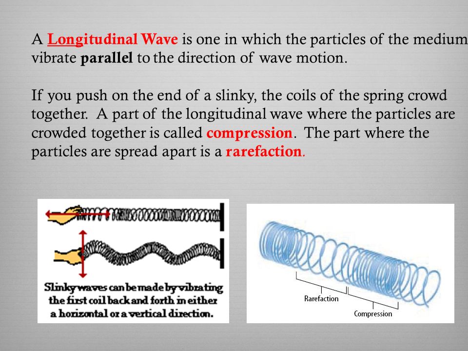 A Longitudinal Wave is one in which the particles of the medium vibrate parallel to the direction of wave motion.