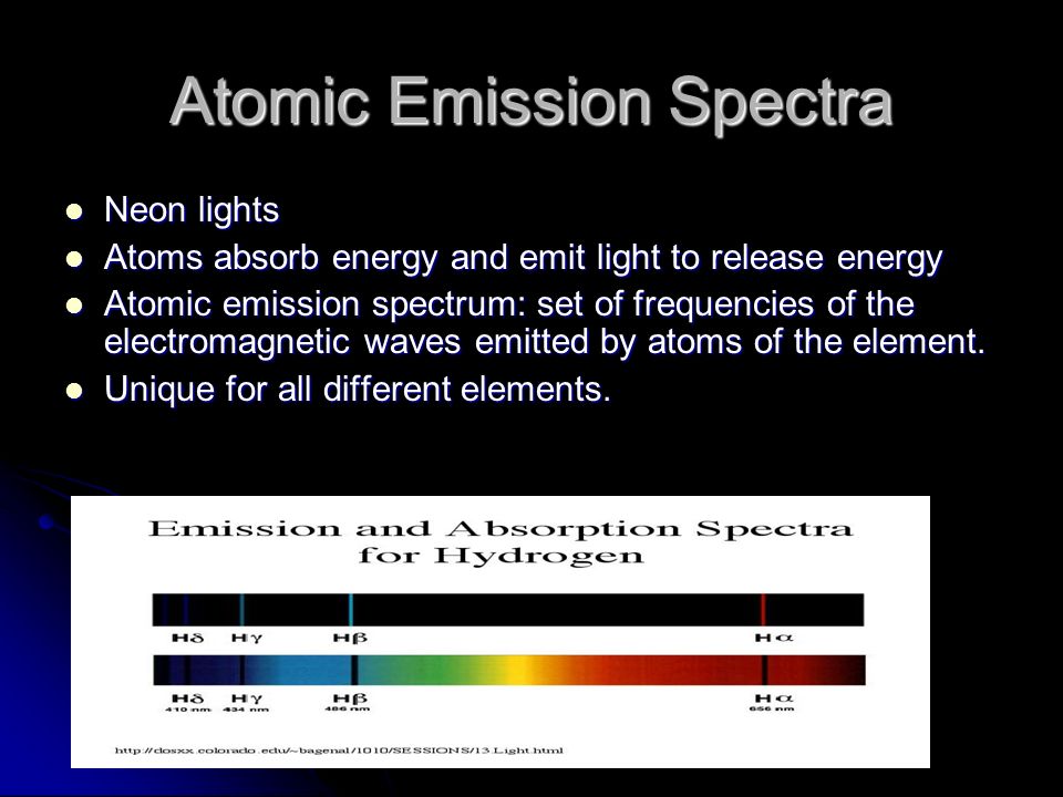 Atomic Emission Spectra Neon lights Neon lights Atoms absorb energy and emit light to release energy Atoms absorb energy and emit light to release energy Atomic emission spectrum: set of frequencies of the electromagnetic waves emitted by atoms of the element.