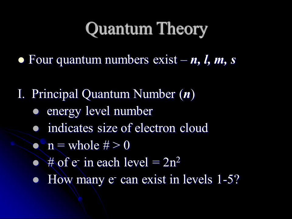 Quantum Theory Four quantum numbers exist – n, l, m, s Four quantum numbers exist – n, l, m, s I.