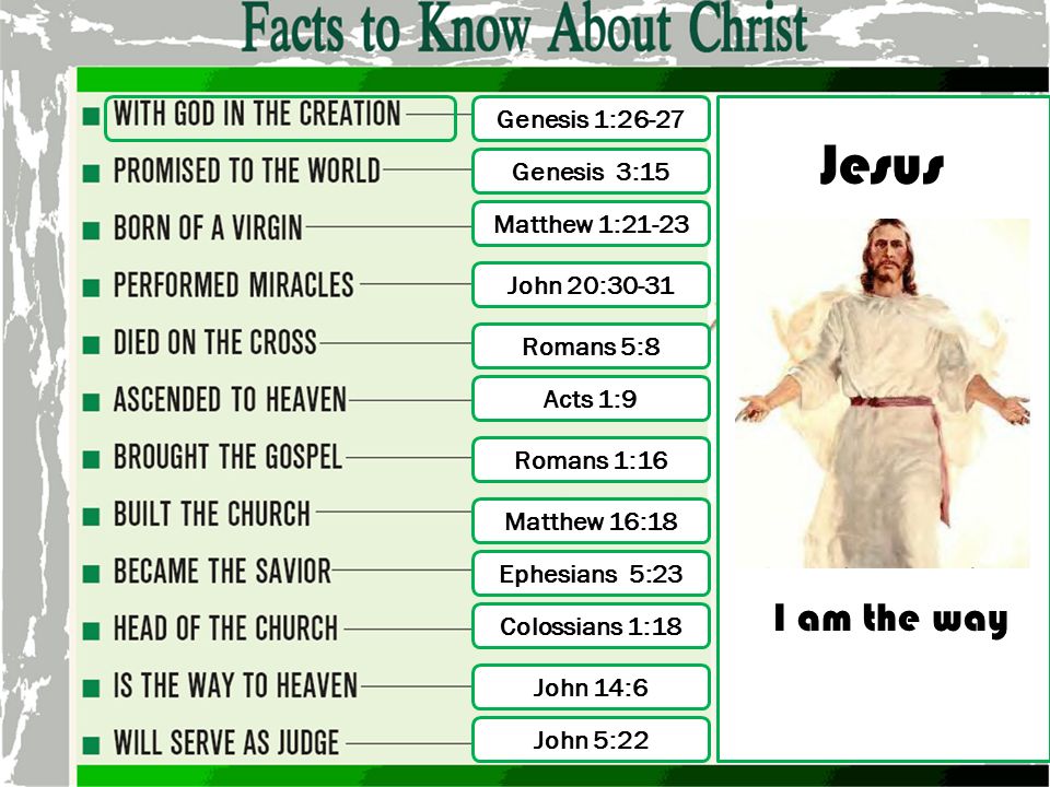 1 2 Genesis 1 26 27 Genesis 3 15 Matthew 1 21 23 John 30 31 Romans 5 8 Acts 1 9 Romans 1 16 Matthew 16 18 Ephesians 5 23 Colossians 1 18 John 14 6 Ppt Download