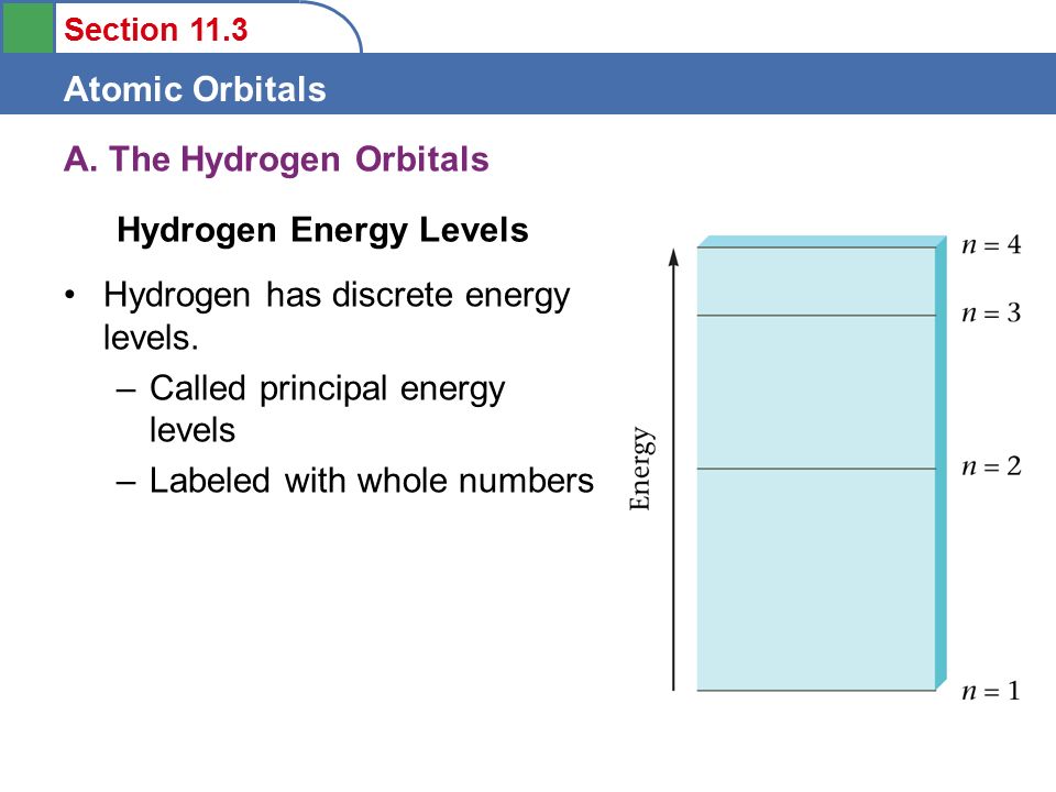 Section 11.3 Atomic Orbitals A. The Hydrogen Orbitals Hydrogen has discrete energy levels.
