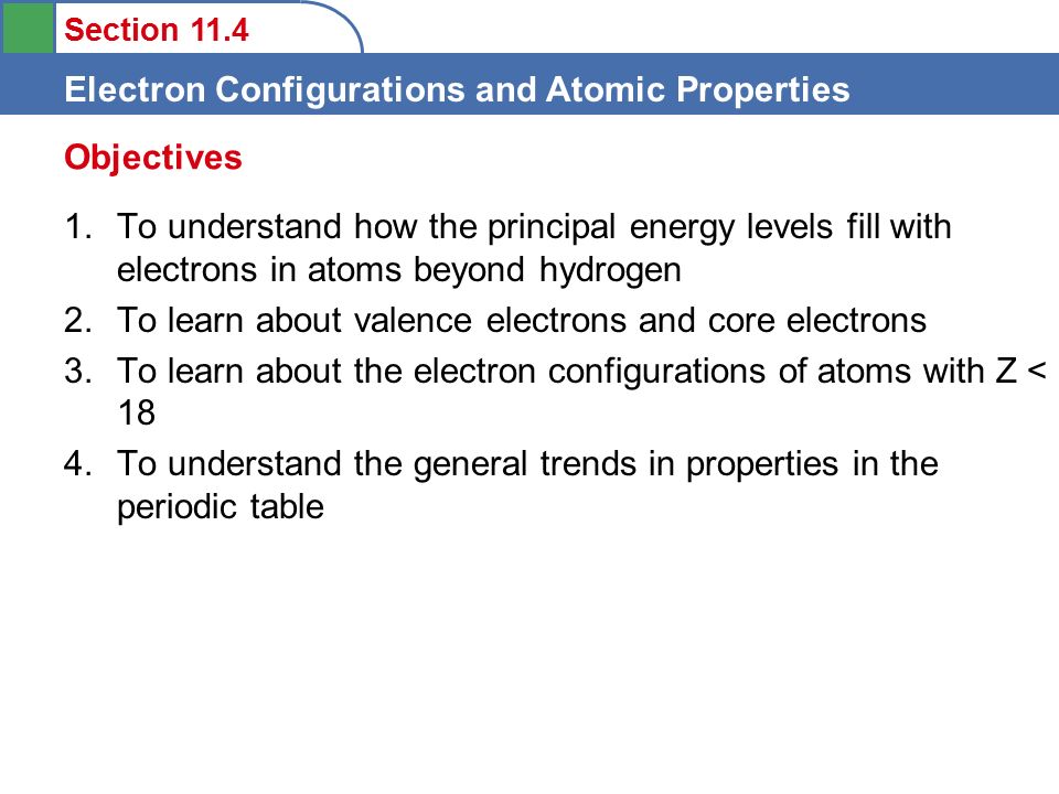 Section 11.4 Electron Configurations and Atomic Properties 1.To understand how the principal energy levels fill with electrons in atoms beyond hydrogen 2.To learn about valence electrons and core electrons 3.To learn about the electron configurations of atoms with Z < 18 4.To understand the general trends in properties in the periodic table Objectives