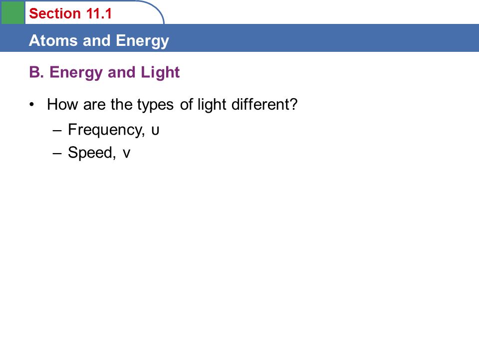 Section 11.1 Atoms and Energy How are the types of light different.