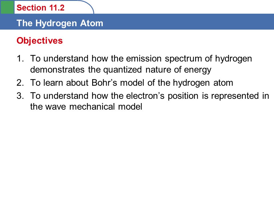 Section 11.2 The Hydrogen Atom 1.To understand how the emission spectrum of hydrogen demonstrates the quantized nature of energy 2.To learn about Bohr’s model of the hydrogen atom 3.To understand how the electron’s position is represented in the wave mechanical model Objectives