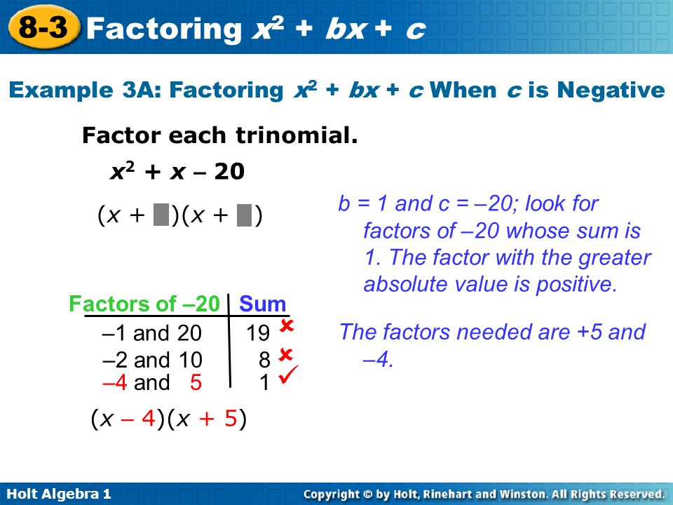 Holt Algebra Factoring X 2 Bx C Factor Quadratic Trinomials Of Holt Algebra Factoring X 2 Bx C Example 3a