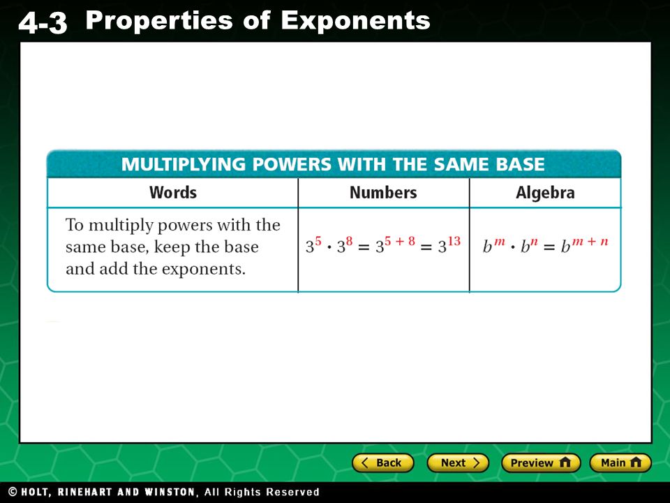 Evaluating Algebraic Expressions 4-3 Properties of Exponents