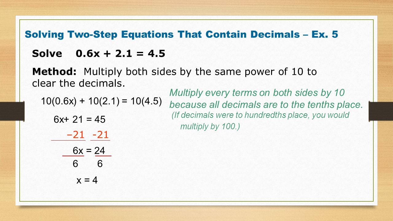 Solving Two-Step Equations That Contain Decimals – Ex.