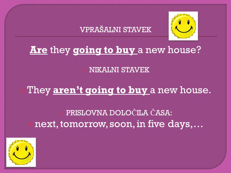 VPRAŠALNI STAVEK Are they going to buy a new house.