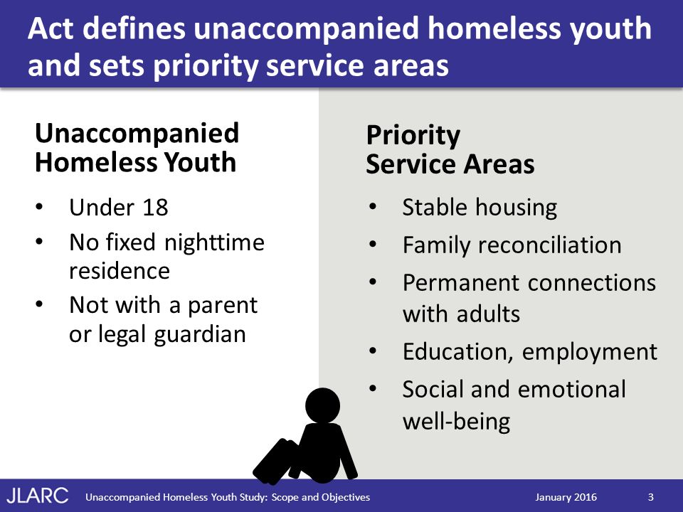 January 2016Unaccompanied Homeless Youth Study: Scope and Objectives3 Act defines unaccompanied homeless youth and sets priority service areas Under 18 No fixed nighttime residence Not with a parent or legal guardian Unaccompanied Homeless Youth Priority Service Areas Stable housing Family reconciliation Permanent connections with adults Education, employment Social and emotional well-being