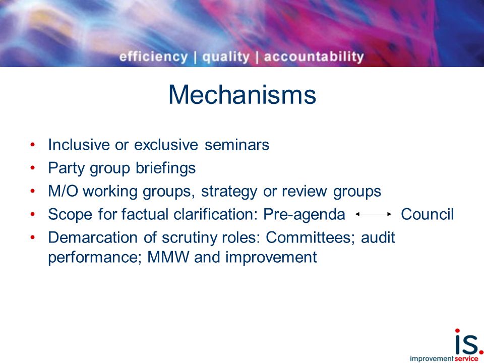 Mechanisms Inclusive or exclusive seminars Party group briefings M/O working groups, strategy or review groups Scope for factual clarification: Pre-agenda Council Demarcation of scrutiny roles: Committees; audit performance; MMW and improvement