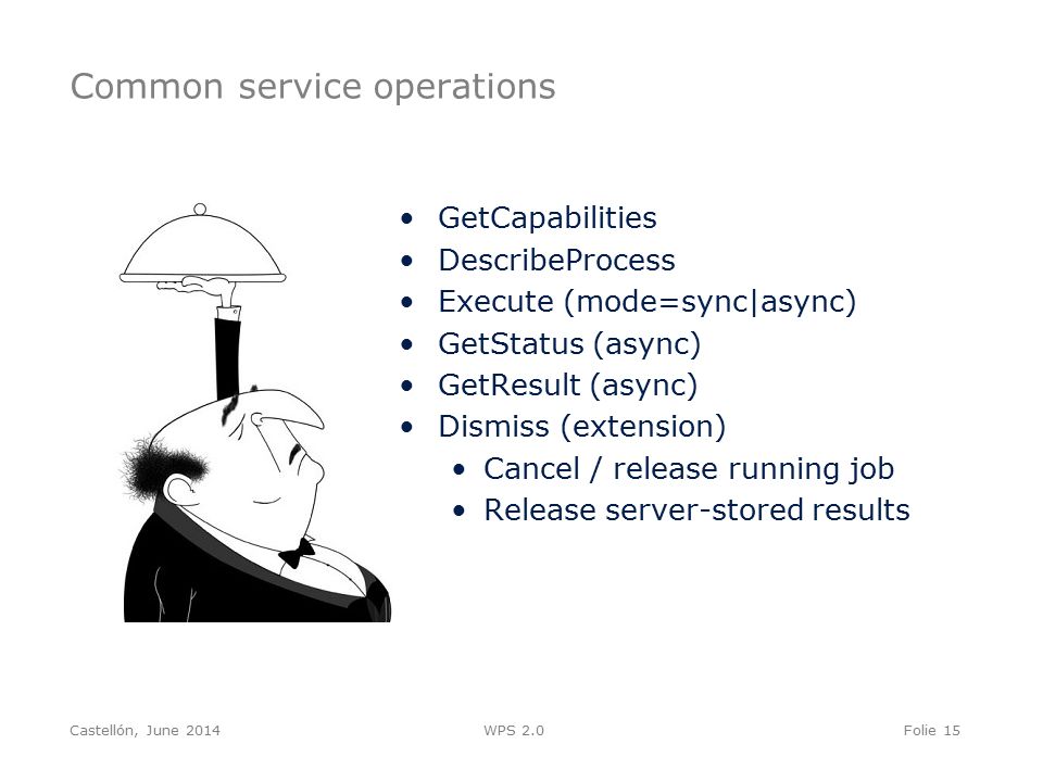 Common service operations Folie 15 GetCapabilities DescribeProcess Execute (mode=sync|async) GetStatus (async) GetResult (async) Dismiss (extension) Cancel / release running job Release server-stored results WPS 2.0Castellón, June 2014