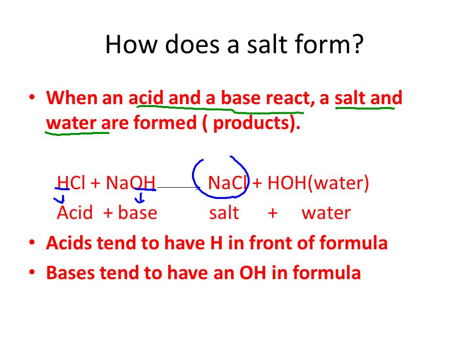 How does a salt form. When an acid and a base react, a salt and water are formed ( products).