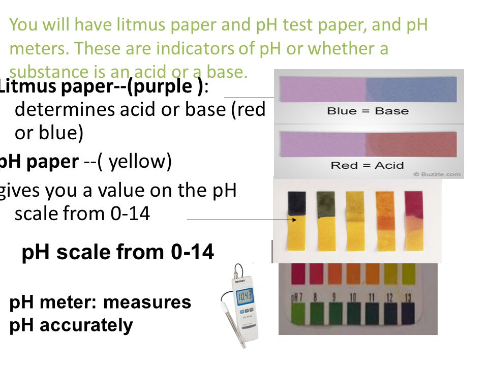You will have litmus paper and pH test paper, and pH meters.