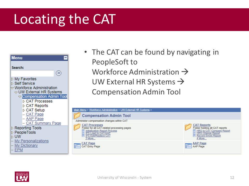 University of Wisconsin - System12 Locating the CAT The CAT can be found by navigating in PeopleSoft to Workforce Administration  UW External HR Systems  Compensation Admin Tool