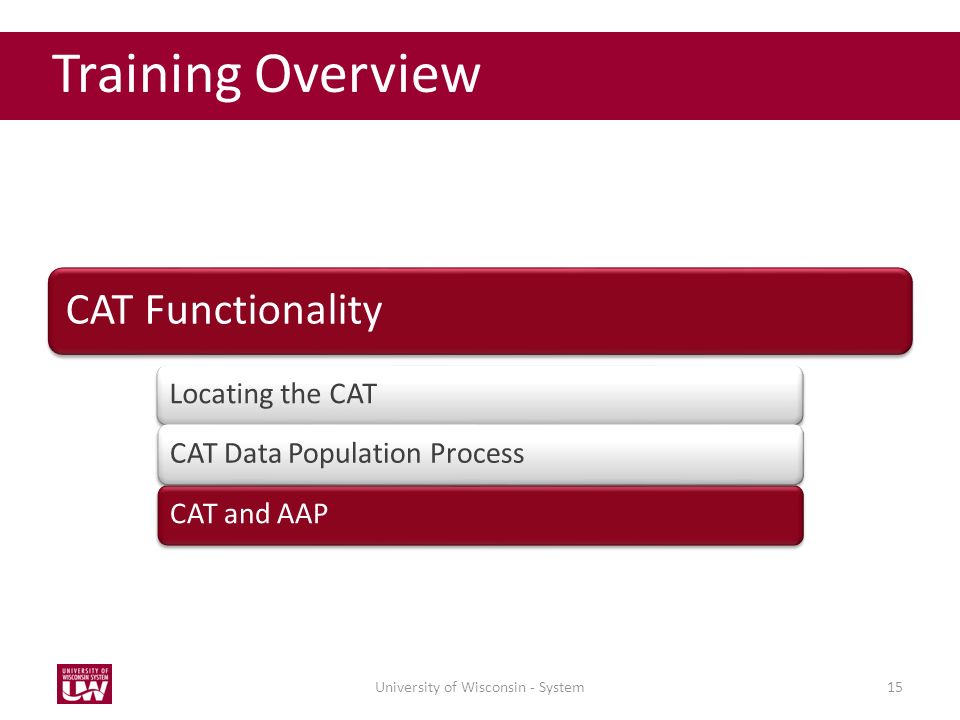 CAT Functionality Locating the CATCAT and AAPCAT SetupCAT Data Population Process University of Wisconsin - System15 Training Overview