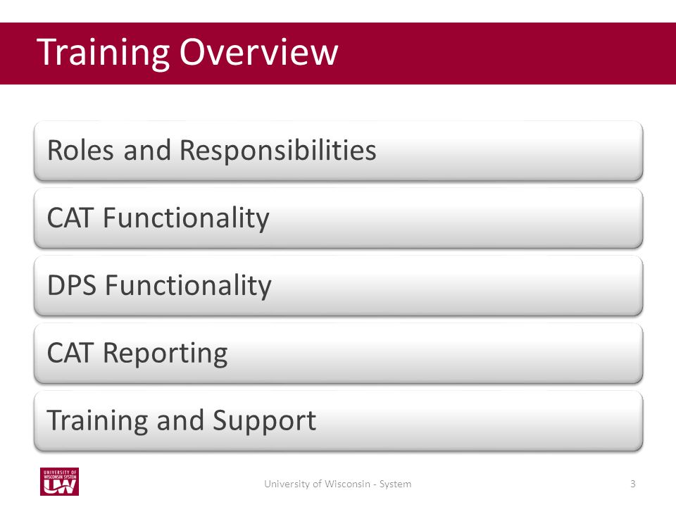 Roles and ResponsibilitiesCAT FunctionalityDPS FunctionalityCAT ReportingTraining and Support University of Wisconsin - System3 Training Overview