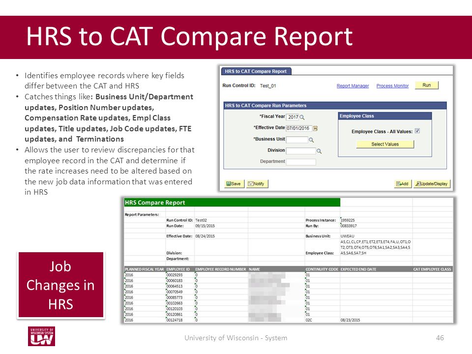 University of Wisconsin - System46 HRS to CAT Compare Report Job Changes in HRS Identifies employee records where key fields differ between the CAT and HRS Catches things like: Business Unit/Department updates, Position Number updates, Compensation Rate updates, Empl Class updates, Title updates, Job Code updates, FTE updates, and Terminations Allows the user to review discrepancies for that employee record in the CAT and determine if the rate increases need to be altered based on the new job data information that was entered in HRS
