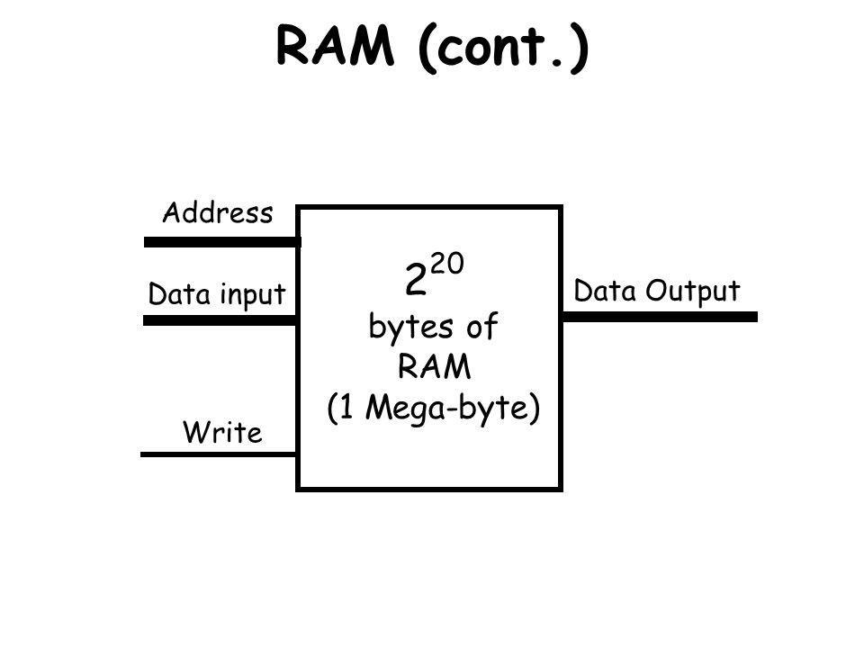 RAM (cont.) 2 20 bytes of RAM (1 Mega-byte) Write Address Data input Data Output