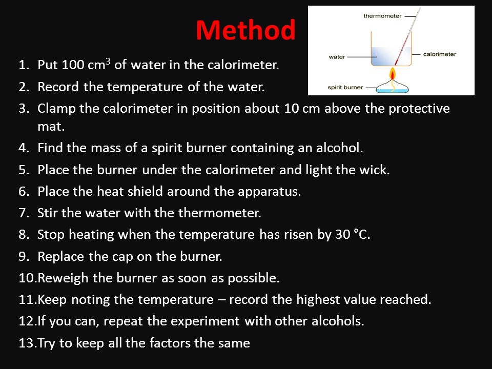 Method 1.Put 100 cm 3 of water in the calorimeter.