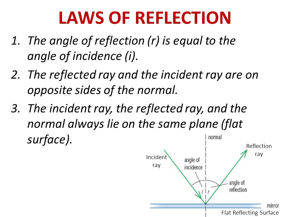 1.The angle of reflection (r) is equal to the angle of incidence (i).