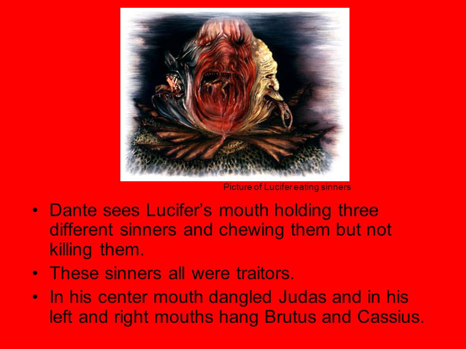 Three-headed Lucifer is chewing the traitors in Dante's Inferno