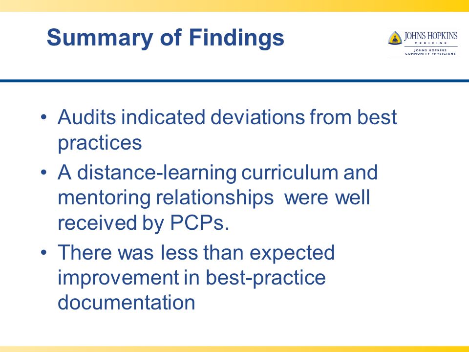 Summary of Findings Audits indicated deviations from best practices A distance-learning curriculum and mentoring relationships were well received by PCPs.