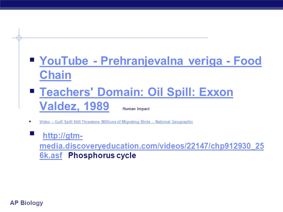 AP Biology Ecosystems AP Biology  YouTube - Prehranjevalna veriga - Food  Chain YouTube - Prehranjevalna veriga - Food Chain  Teachers' Domain: Oil.  - ppt download