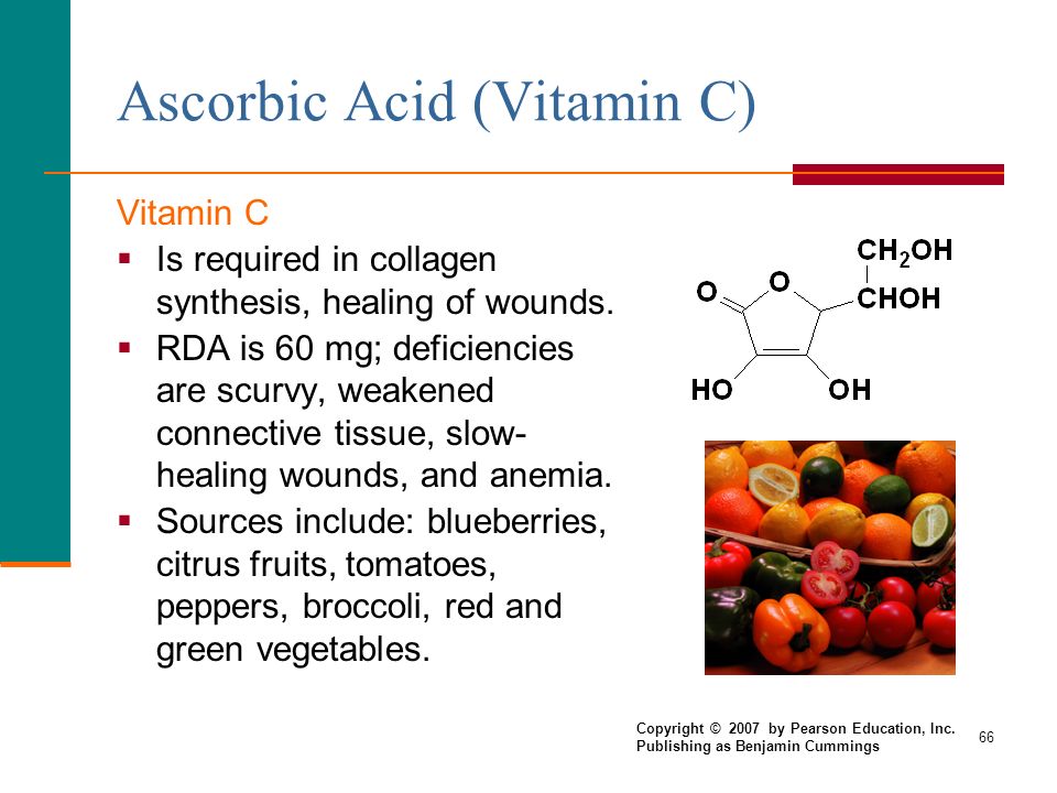 66 Ascorbic Acid (Vitamin C) Vitamin C  Is required in collagen synthesis, healing of wounds.