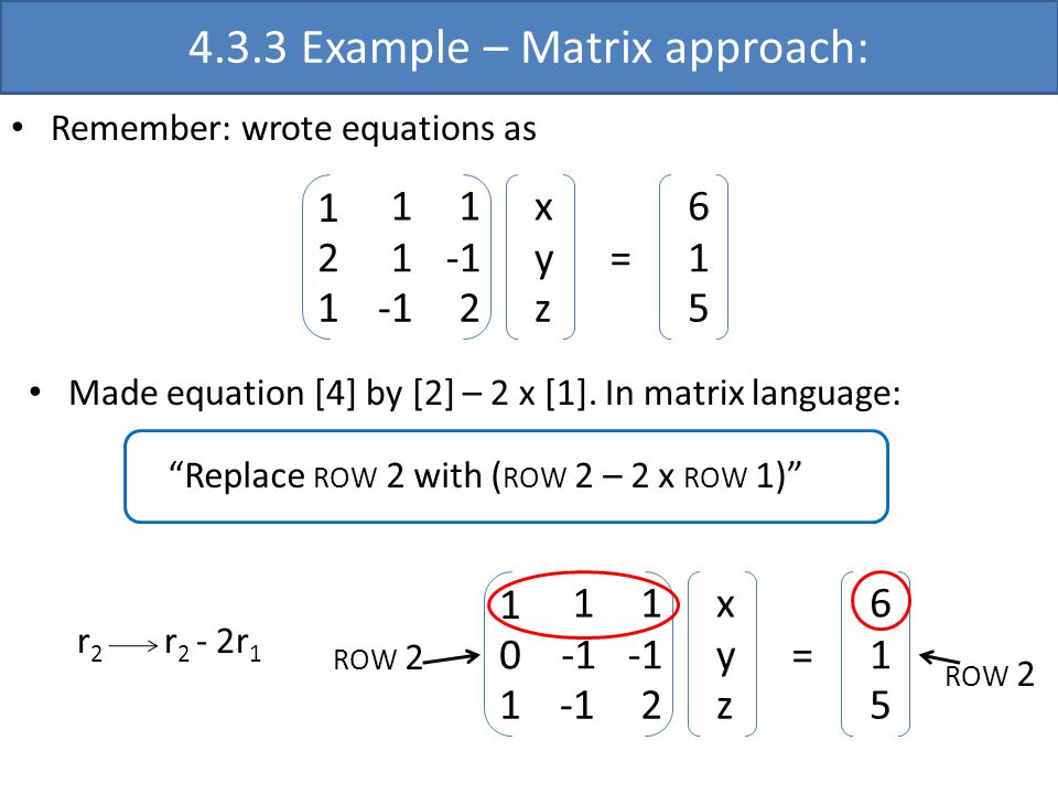 4.3.3 Example – Matrix approach: x y z = Remember: wrote equations as Made equation [4] by [2] – 2 x [1].
