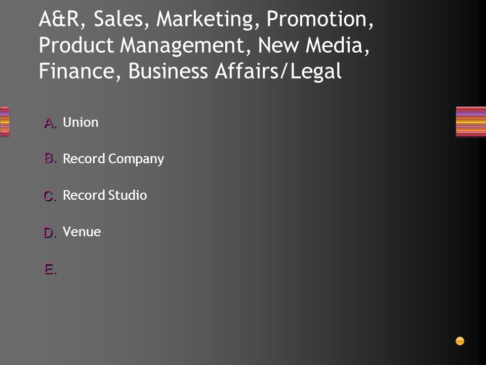 Music Industry Quiz Show Multiple Questions A B C D E Helps With Major Business Decisions Assists With The Creative Process Promotes An Artist S Ppt Download