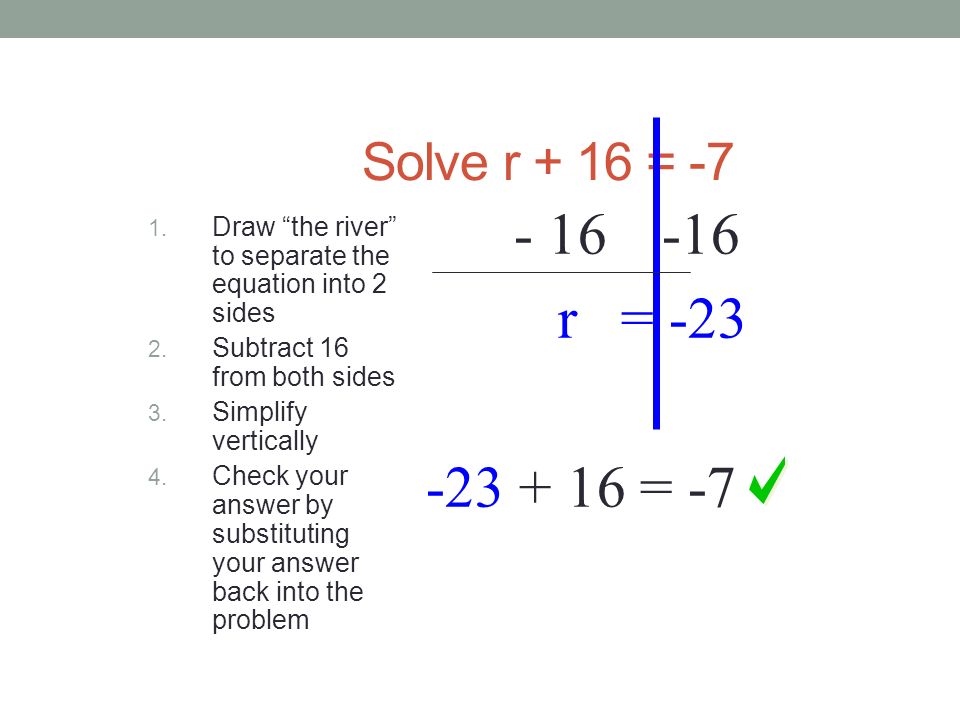 One Step Equations Solve r + 16 = -7 To solve, you must get the variable by itself.