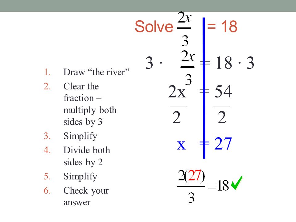 Solve y + (-3) = 7 y – 3 = y = (-3) = 7 1.Draw the river to separate the equation into 2 sides 2.Eliminate the double sign 3.Add 3 to both sides 4.Simplify vertically 5.Check your answer by substituting your answer back into the problem