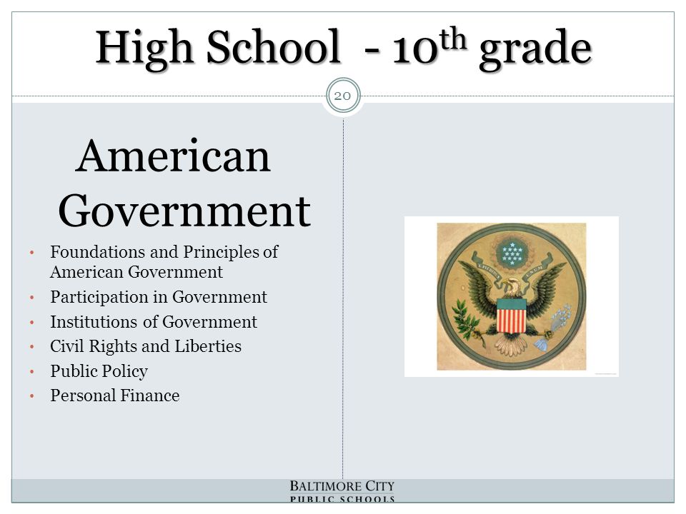High School - 10 th grade American Government Foundations and Principles of American Government Participation in Government Institutions of Government Civil Rights and Liberties Public Policy Personal Finance 20