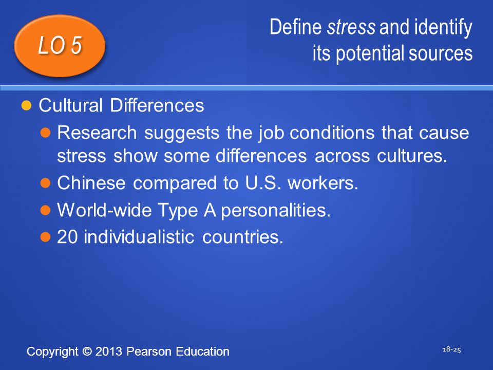 Copyright © 2013 Pearson Education Define stress and identify its potential sources LO 5 Cultural Differences Research suggests the job conditions that cause stress show some differences across cultures.