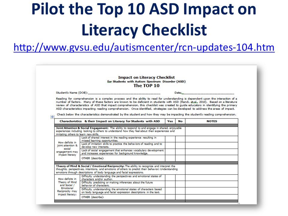 Pilot the Top 10 ASD Impact on Literacy Checklist