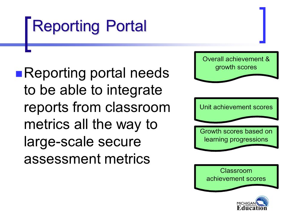Reporting Portal Reporting portal needs to be able to integrate reports from classroom metrics all the way to large-scale secure assessment metrics