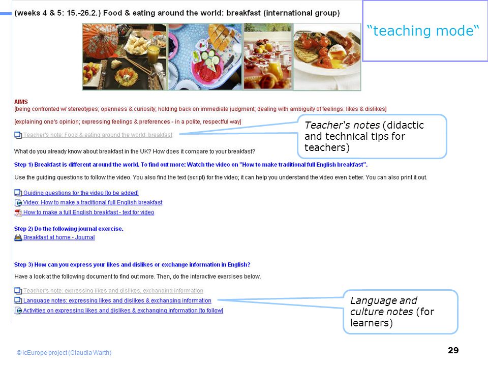 29 teaching mode Teacher‘s notes (didactic and technical tips for teachers) Language and culture notes (for learners)