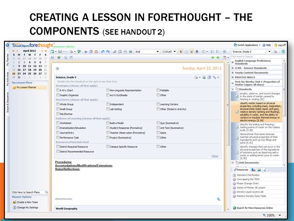 CREATING A LESSON IN FORETHOUGHT – THE COMPONENTS (SEE HANDOUT 2)