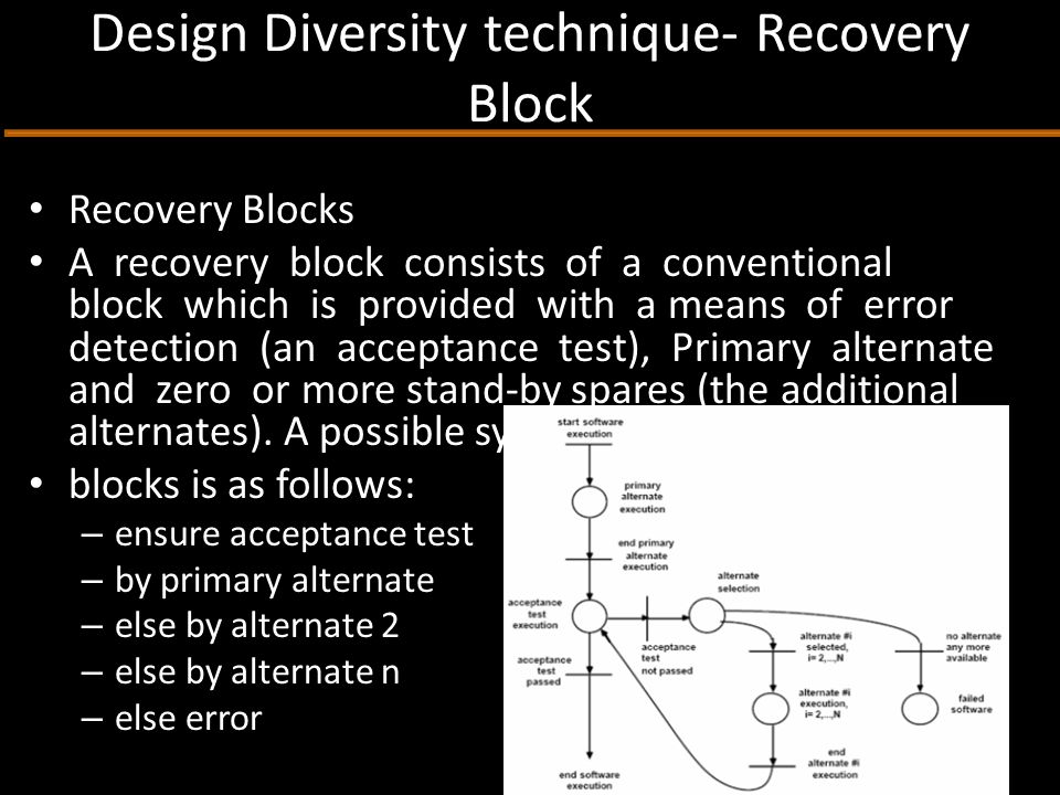 Design Diversity technique- Recovery Block Recovery Blocks A recovery block consists of a conventional block which is provided with a means of error detection (an acceptance test), Primary alternate and zero or more stand-by spares (the additional alternates).