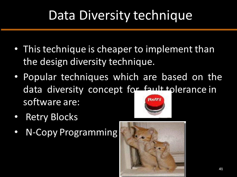 Data Diversity technique This technique is cheaper to implement than the design diversity technique.
