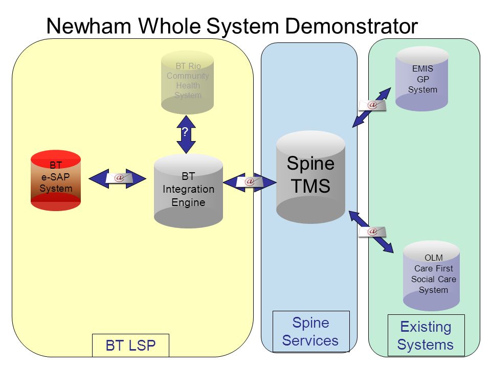 BT Rio Community Health System Newham Whole System Demonstrator Spine TMS BT Integration Engine OLM Care First Social Care System EMIS GP System BT e-SAP System Existing Systems BT LSP Spine Services