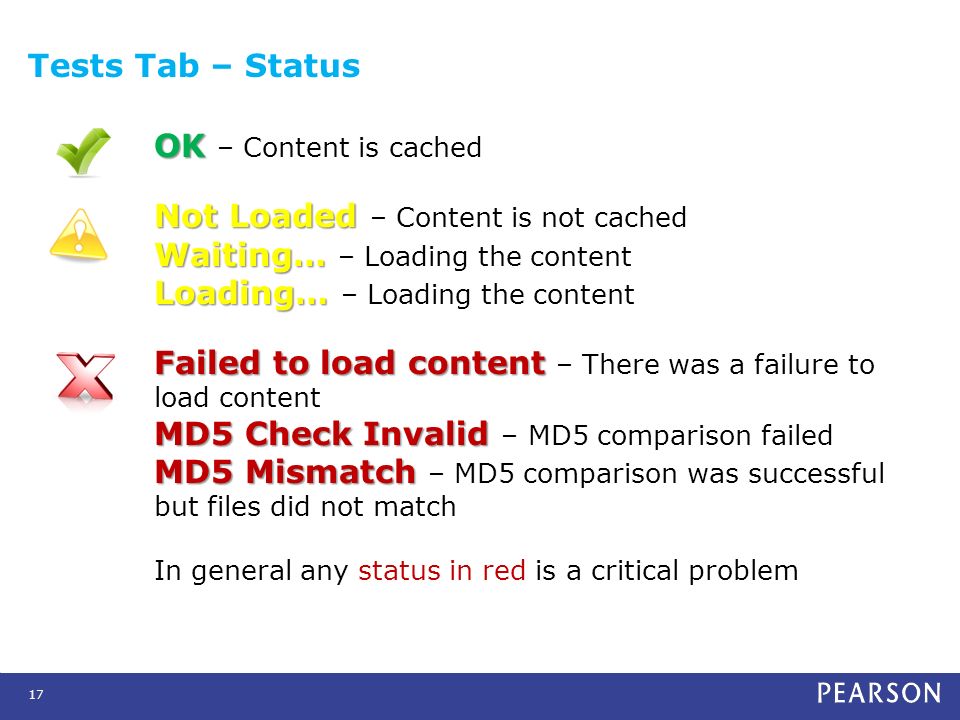 Tests Tab – Status 17 OK OK – Content is cached Not Loaded Not Loaded – Content is not cached Waiting… Waiting… – Loading the content Loading… Loading… – Loading the content Failed to load content Failed to load content – There was a failure to load content MD5 Check Invalid MD5 Check Invalid – MD5 comparison failed MD5 Mismatch MD5 Mismatch – MD5 comparison was successful but files did not match In general any status in red is a critical problem