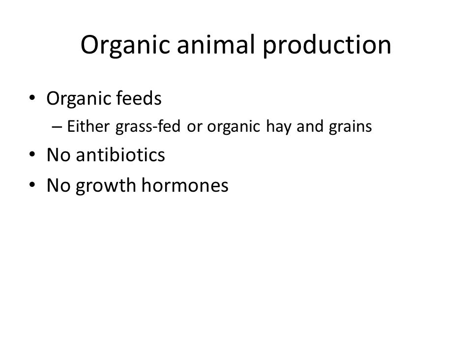 Organic animal production Organic feeds – Either grass-fed or organic hay and grains No antibiotics No growth hormones