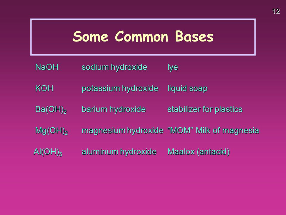 12 Some Common Bases NaOHsodium hydroxidelye KOHpotassium hydroxideliquid soap Ba(OH) 2 barium hydroxidestabilizer for plastics Mg(OH) 2 magnesium hydroxide MOM Milk of magnesia Al(OH) 3 aluminum hydroxideMaalox (antacid) Al(OH) 3 aluminum hydroxideMaalox (antacid)