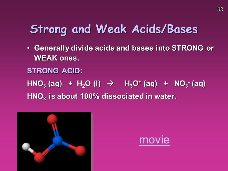 38 Strong and Weak Acids/Bases Generally divide acids and bases into STRONG or WEAK ones.Generally divide acids and bases into STRONG or WEAK ones.