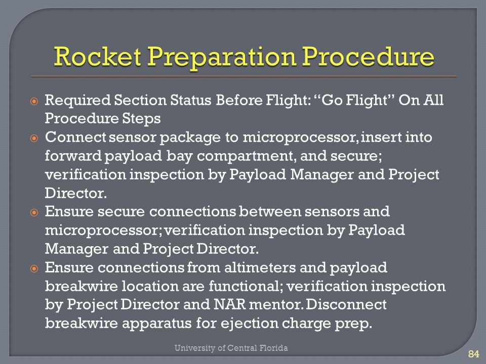  Required Section Status Before Flight: Go Flight On All Procedure Steps  Connect sensor package to microprocessor, insert into forward payload bay compartment, and secure; verification inspection by Payload Manager and Project Director.