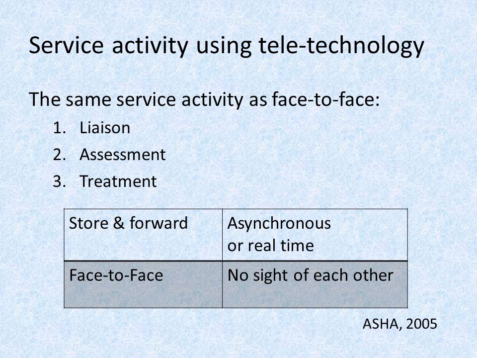 Service activity using tele-technology The same service activity as face-to-face: 1.Liaison 2.Assessment 3.Treatment ASHA, 2005 Store & forwardAsynchronous or real time Face-to-FaceNo sight of each other