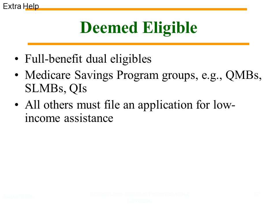 August 2005 GeorgiaCares Medicare Prescription Drug Coverage 32 Deemed Eligible Full-benefit dual eligibles Medicare Savings Program groups, e.g., QMBs, SLMBs, QIs All others must file an application for low- income assistance Extra Help