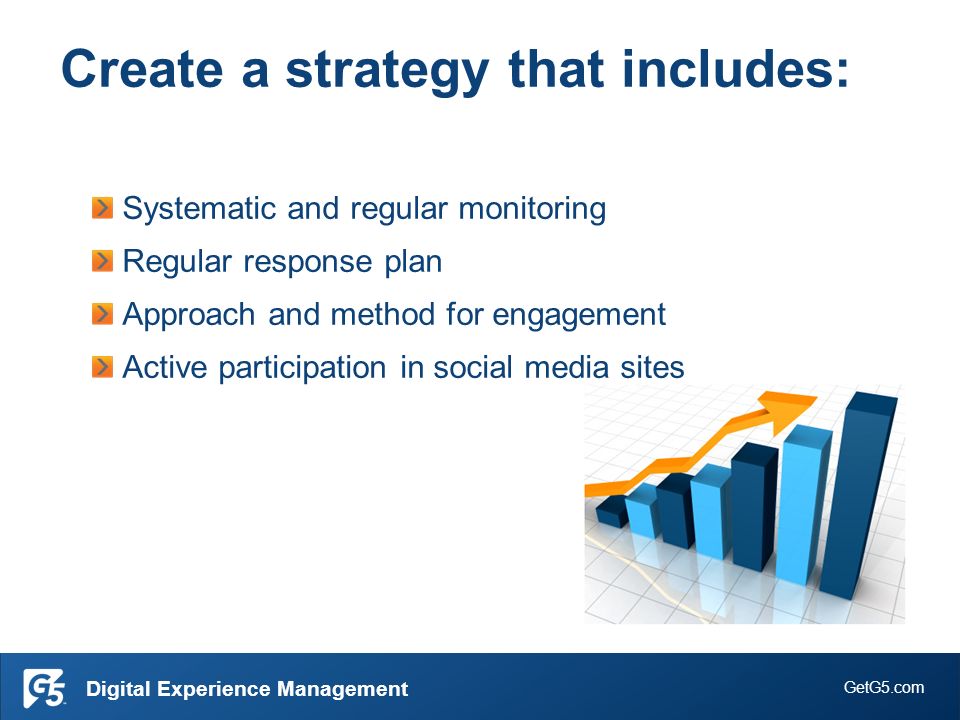 GetG5.com Digital Experience Management Systematic and regular monitoring Regular response plan Approach and method for engagement Active participation in social media sites Create a strategy that includes:
