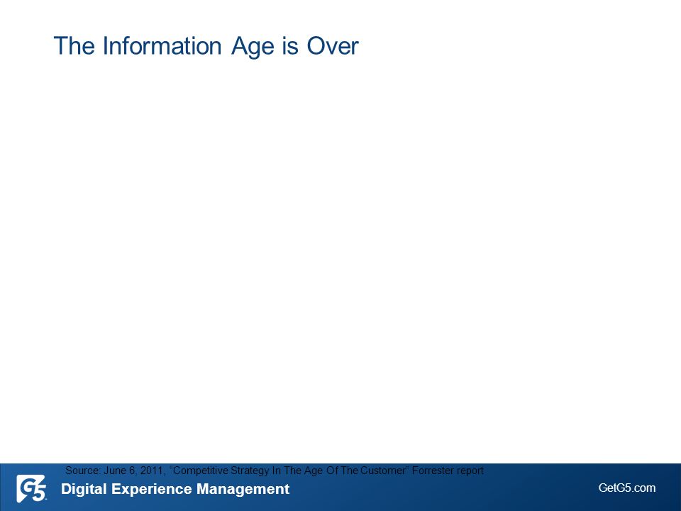 GetG5.com Digital Experience Management The Information Age is Over Source: June 6, 2011, Competitive Strategy In The Age Of The Customer Forrester report